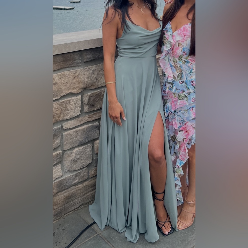 Lulu's Sage Green Cowl Neck Maxi Dress with High Thigh Slit